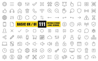 Basic UX UI Line Icon Set. A Collection Of 111 Thin Line Editable Stroke Icons Representing Interface, Navigation, And Interaction Elements. Perfect For Web, App, And Digital Design Projects. Vector