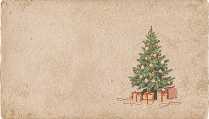 A decorated Christmas tree is depicted on old vintage paper as a postcard