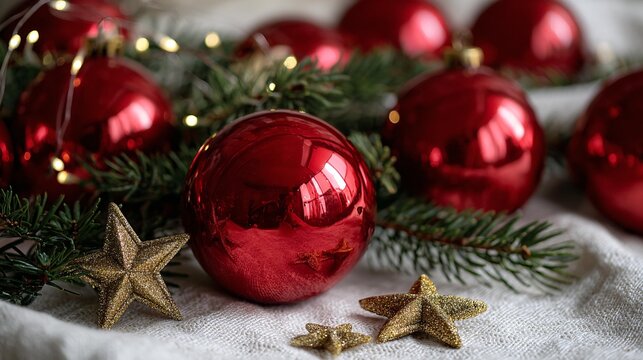 Glossy red baubles, gold stars, and fresh pine branches arranged with soft glowing fairy lights, creating a bright festive mood in a clean and balanced holiday composition