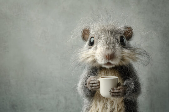a small rodent holding a cup of coffee - Powered by Adobe
