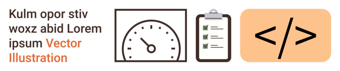 Productivity tools, coding, task management, web development, performance tracking, workplace efficiency. Speedometer, clipboard with checklist HTML code symbol. Productivity and coding concept