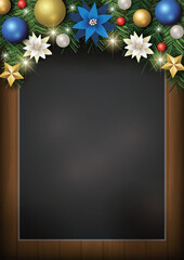 クリスマス背景、黒板、玉飾り、キラキラ、かわいい、イラスト、青、縦
