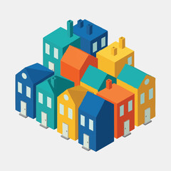Naklejka premium Isometric illustration of colorful houses clustered together, representing community, real estate, and urban development on a neutral background.