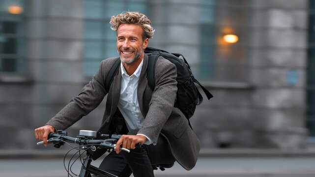 Professional man in a suit riding a bicycle through an urban environment, showcasing joyful commuting, with camera following the action and capturing dynamic movement - Powered by Adobe
