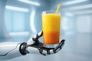 Robotic hand holding a glass of layered orange and yellow juice with straw