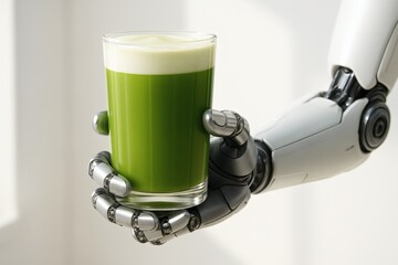 Robot arm holding a glass of green smoothie with white foamy layer on top