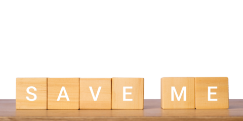 Wooden blocks with save me message for help and support concept, isolated on transparent background
