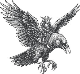 Fototapeta premium Raven bird silhouette with open wings in flight isolated on transparent background