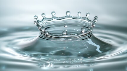 Droplet crown macro photography crystal clear water splash formation captured at precise impact moment with symmetrical crown peaks and transparency effects