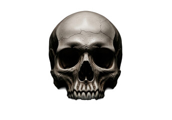 Obraz premium Weathered human skull with intricate texture, pores, cracks, prominent teeth, front view, on pure deep black, dramatic low-key lighting, dark copy space, memento mori concept