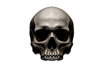 Weathered human skull with intricate texture, pores, cracks, prominent teeth, front view, on pure deep black, dramatic low-key lighting, dark copy space, memento mori concept