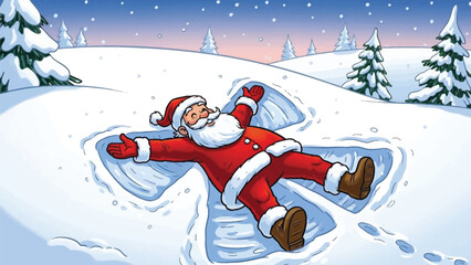 Naklejka premium Santa Claus delights in winter wonderland fun making snow angels under a serene sky with falling snowflakes, a festive and joyful holiday season scene