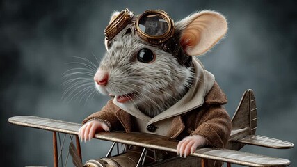 Adventurous mouse pilot in vintage aviator goggles and brown jacket, confidently navigating a wooden airplane, showcasing determination and excitement, camera zooms in on character's expressions