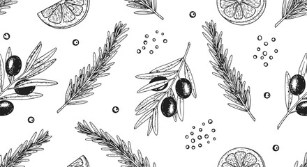 Seamless pattern featuring olive branches, rosemary, and citrus slices on a dark background