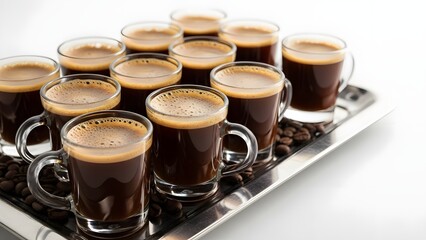 Tray of espresso shots ready to serve at a coffee tasting event
