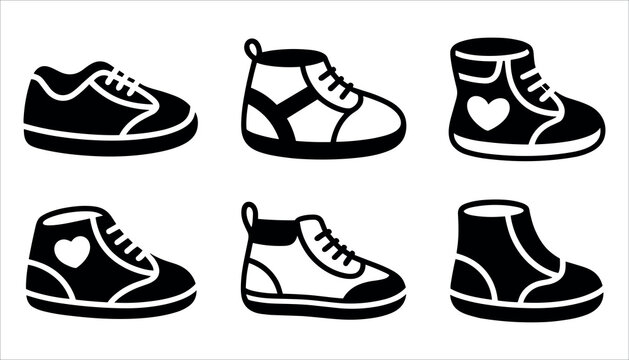 Six black and white graphic icons of children's shoes with laces and heart details footwear kids