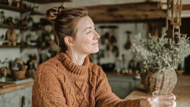 A smiling woman in a chunky brown knit sweater holds up a glass of water in a cozy, plant-filled room.
