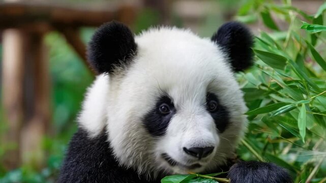 A giant panda with black ears and eye patches sits among bamboo, looking at the camera.