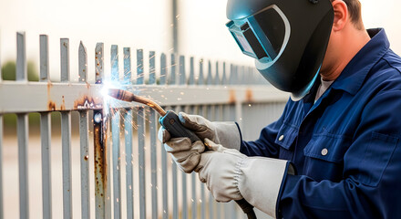 Male welder repairing fence. Welder work with protective mask and gloves welding metal fence outdoors, professional occupation and industrial concept.