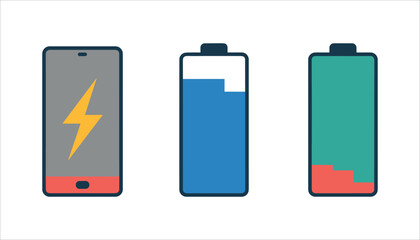 Smartphone with lightning bolt and two battery level indicators power energy