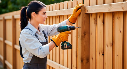 Woman using a cordless drill to install a wooden fence panel. DIY home improvement project for a handyman. Construction and renovation concept.
