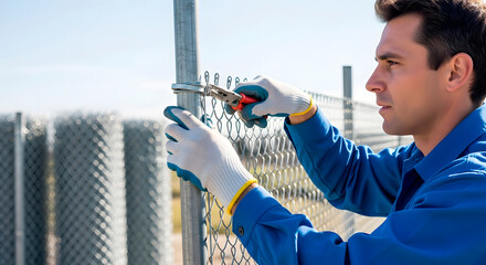 Man wearing protective gloves installing chain link fence with hand tool. Construction worker fencing property for security and boundary establishment.
