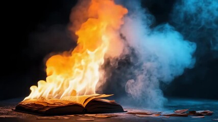 Dramatic image: old open book burning with mystical blue and orange smoke - Powered by Adobe
