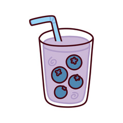 A glass of cold purple blueberry drink with ice cubes and a straw. A refreshing summer fruit cocktail or juice beverage to quench thirst.