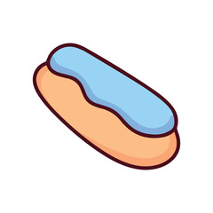 A long eclair pastry covered in smooth light blue blueberry glaze. A classic French bakery dessert or cream puff treat for coffee breaks.