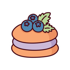 A round sandwich cookie or whoopie pie filled with purple cream and topped with blueberries. A sweet bakery pastry snack for tea time.