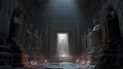 Serene ancient temple room with statues, pillars, lit candles, and a glowing doorway leading to light and wisdom. - Powered by Adobe