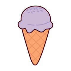 A purple soft serve ice cream scoop in a crispy waffle cone. A simple and refreshing frozen berry dessert for hot summer days.