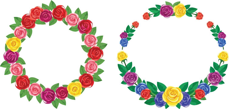 Two colorful floral wreaths with roses and leaves for design elements
