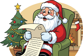 Santa Claus carefully reviews his Christmas list by a warm fireplace, ensuring a magical holiday season for children worldwide