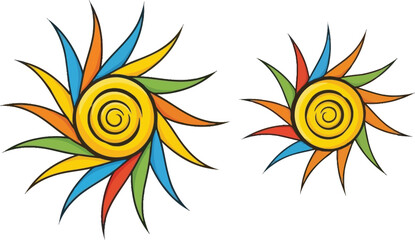 Colorful sunburst design with spiral centers on white background