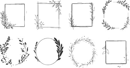Collection of eight hand drawn black floral frames and borders with leaves and branches on white background