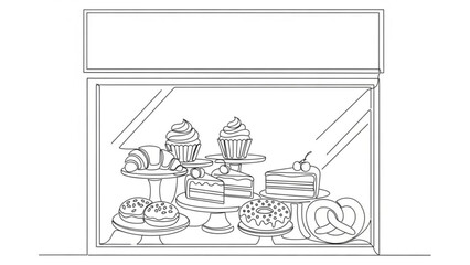 A charming single line drawing depicts a bakery display window filled with an assortment of delicious pastries and cakes inviting customers to indulge