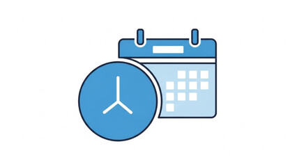 A simple blue icon representing a clock face overlaid on a calendar grid symbolizing time management and scheduling concepts