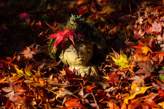 Tiny jizo statue at buddhist temple Sanzen-in in Kyoto during red leaves season
