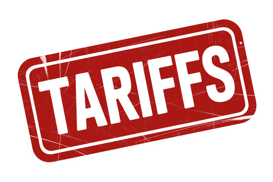 Distressed red stamp with the word Tariffs in bold letters, symbolizing trade wars and global economics with impact and urgency, ideal for financial concepts