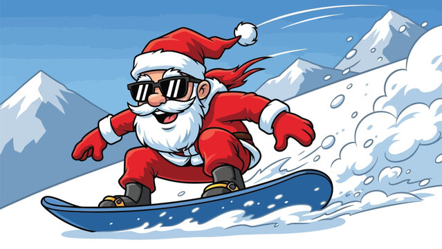 Cool Santa Claus shredding powder on a snowboard in the mountains, bringing holiday cheer and winter fun to your project this Christmas season