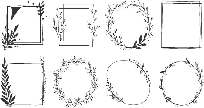 Set of eight hand drawn black floral frames and wreaths on white background botanical nature