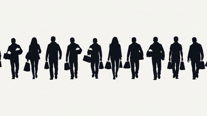 A diverse group of silhouetted men and women walk together carrying shopping bags and purchases against a plain background