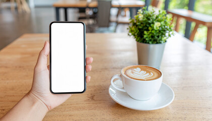 Close-up of a person holding a smartphone mockup with a blank white screen next to a cup of latte art and a plant on a wooden cafe table.