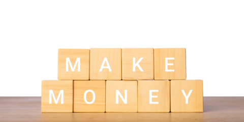 Wooden blocks with make money phrase for finance and income concept, isolated on transparent background