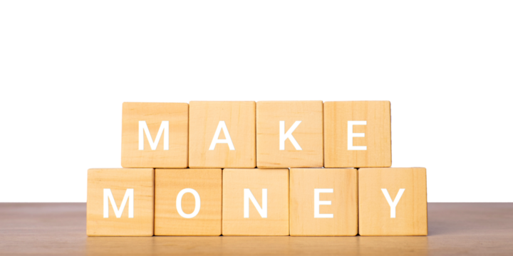 Wooden blocks with make money phrase for finance and income concept, isolated on transparent background