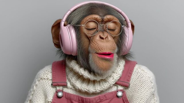 Playful monkey wearing pink headphones and stylish glasses, enjoying music with joyful expressions, showcasing a fun atmosphere, camera zooms in on facial features and emotions
