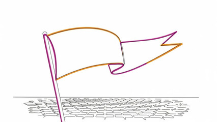 A minimalist line drawing of a flag with a split tail outlined in purple and orange waving against a white background above a textured ground