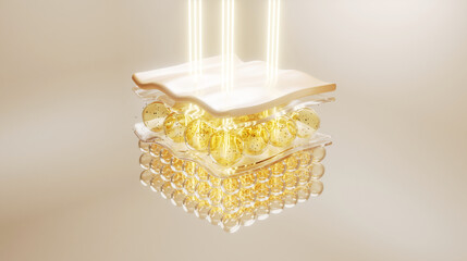 Golden laser through skin structure to repair and hydrate. Perfect for beauty, collagen, and firming concepts. Elegant 3D medical skincare background.