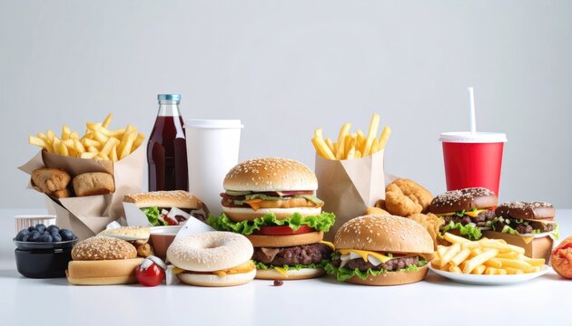 many junk unhealthy fast food on the table ultra processed food concept low nutrition value high calories value
